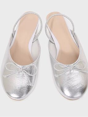 Zara Silver Metallic Slingback Ballet Flats with Bow